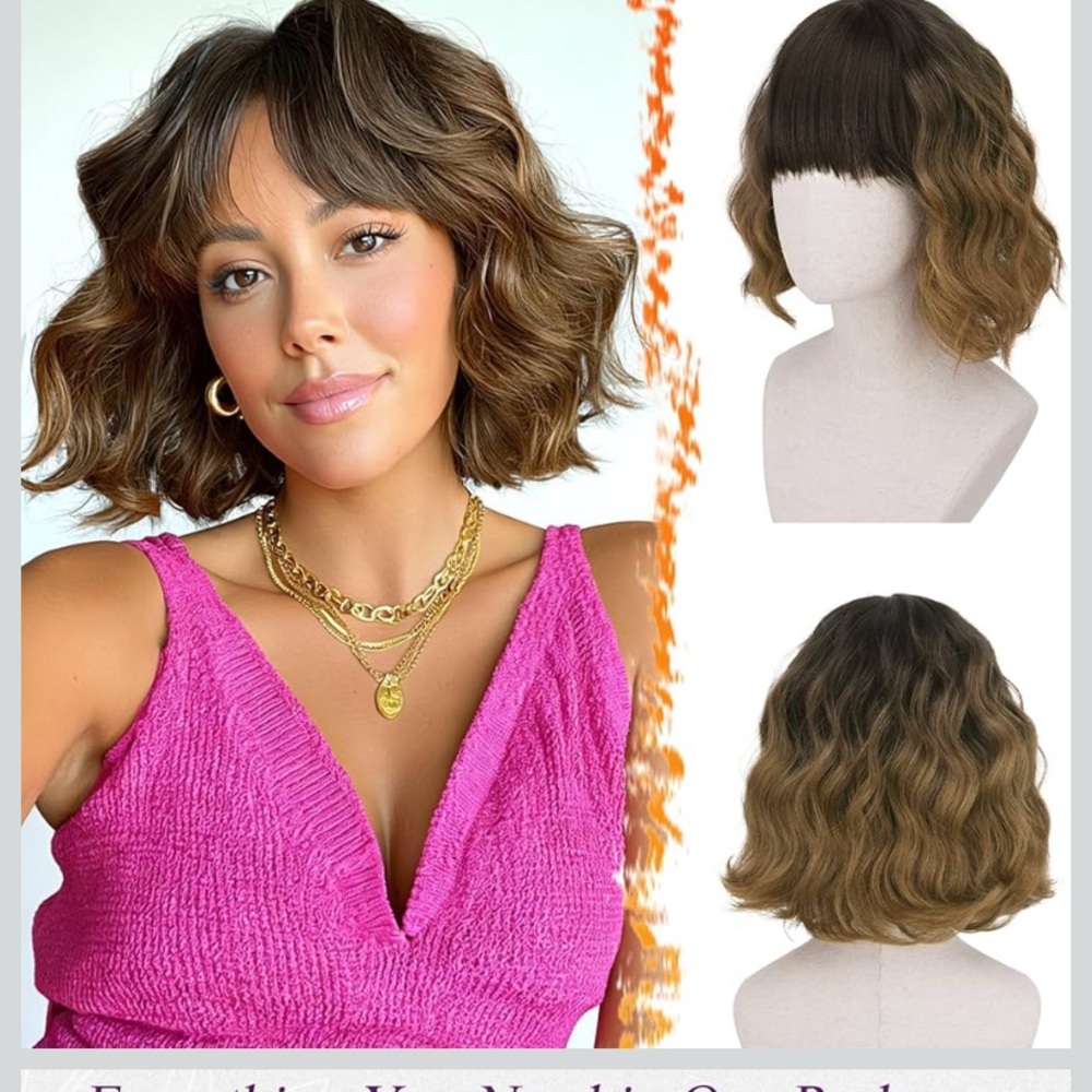 BARSDAR Brown Ombre French Bob Short Wavy Wig w/Bangs,Fluffy Synthetic Curly